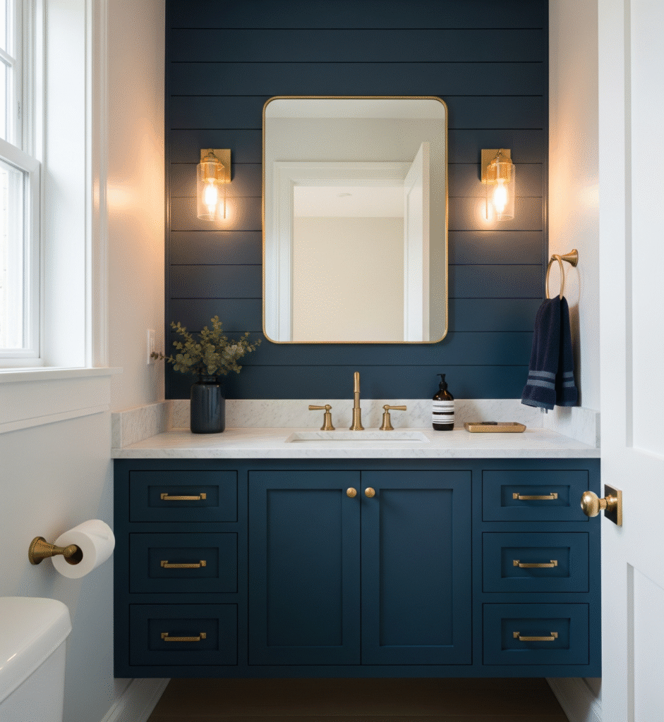 Navy blue shiplap accent wall behind floating vanity with brass hardware, contrasted against white walls - Space Ideas World small bathroom remodel