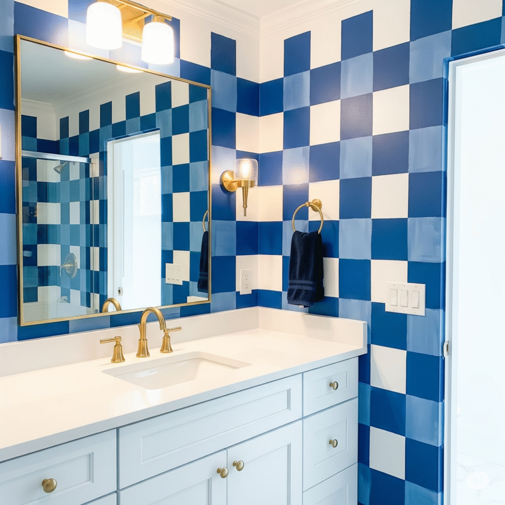 Bathroom walls painted in blue and white buffalo check pattern - Space Ideas World small bathroom remodel