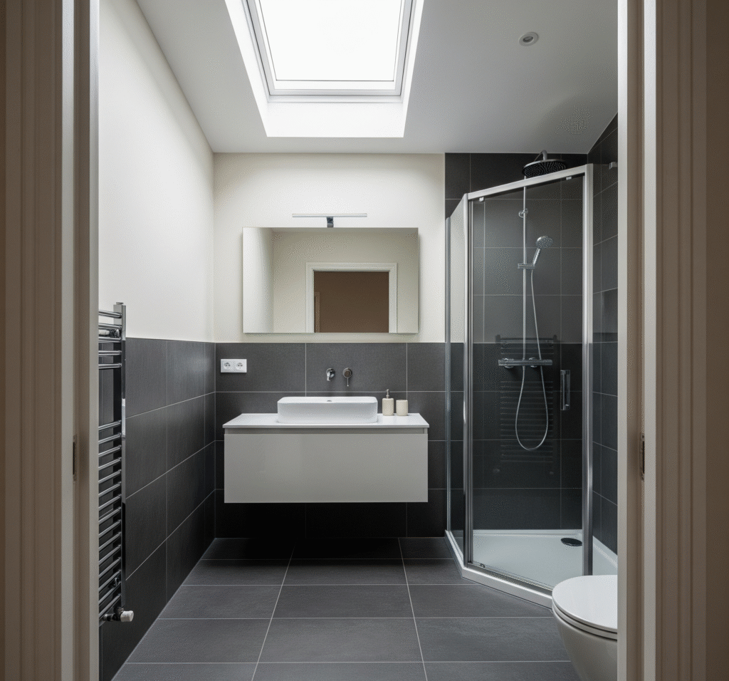 Large format charcoal gray floor tiles with minimal grout lines - Space Ideas World small bathroom remodel