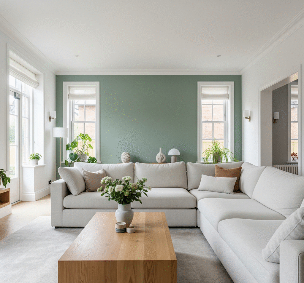 Living room with sage green feature wall - Space Ideas World living room decor ideas