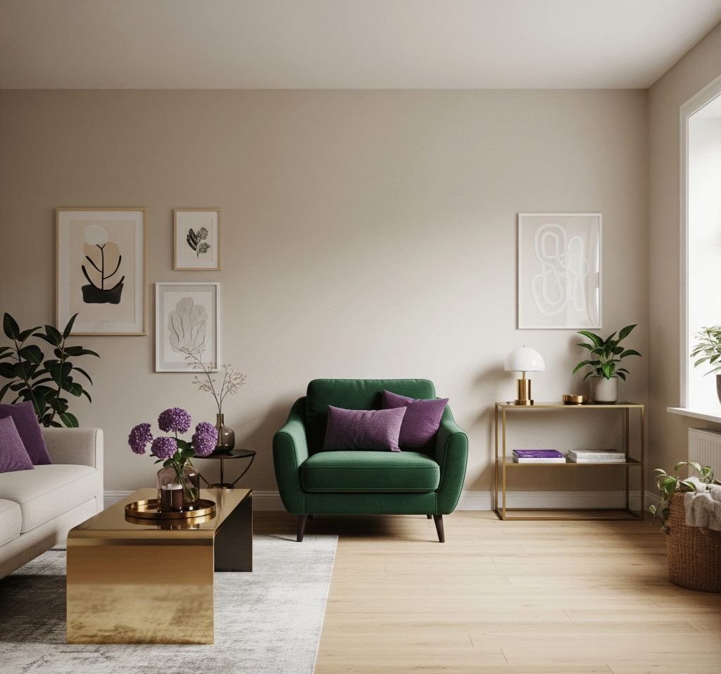 Neutral living room with emerald green velvet armchai - Space Ideas World living room decor ideas