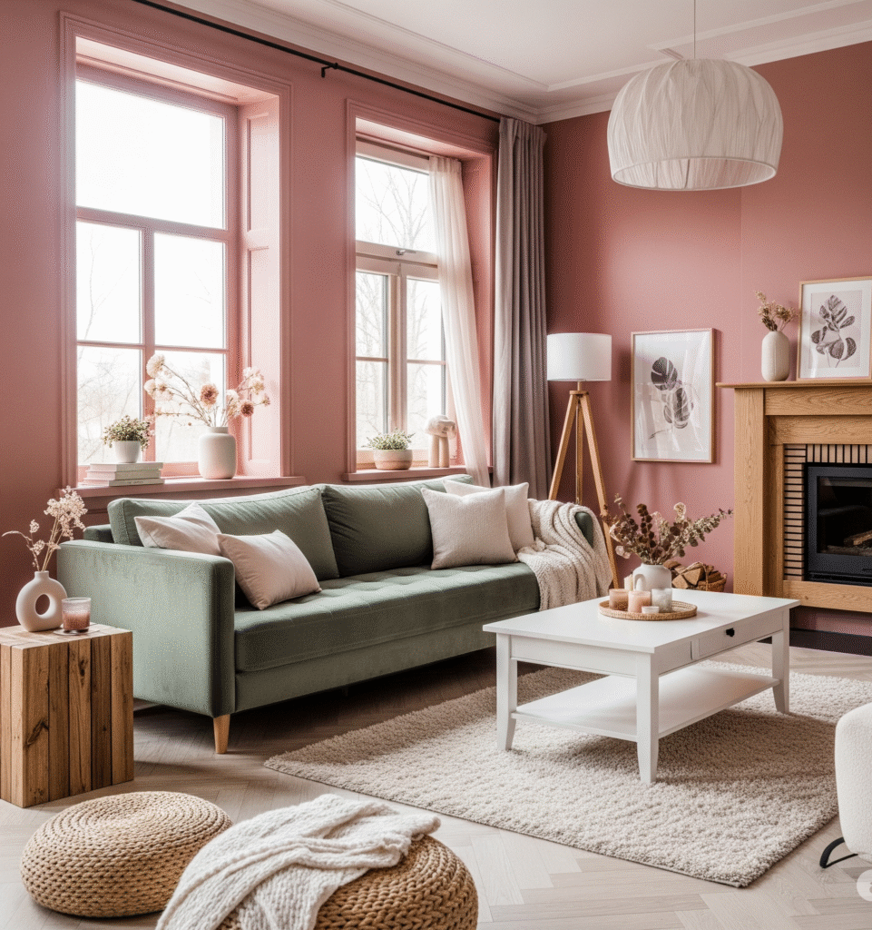 Romantic living room with dusty pink walls - Space Ideas World living room decor