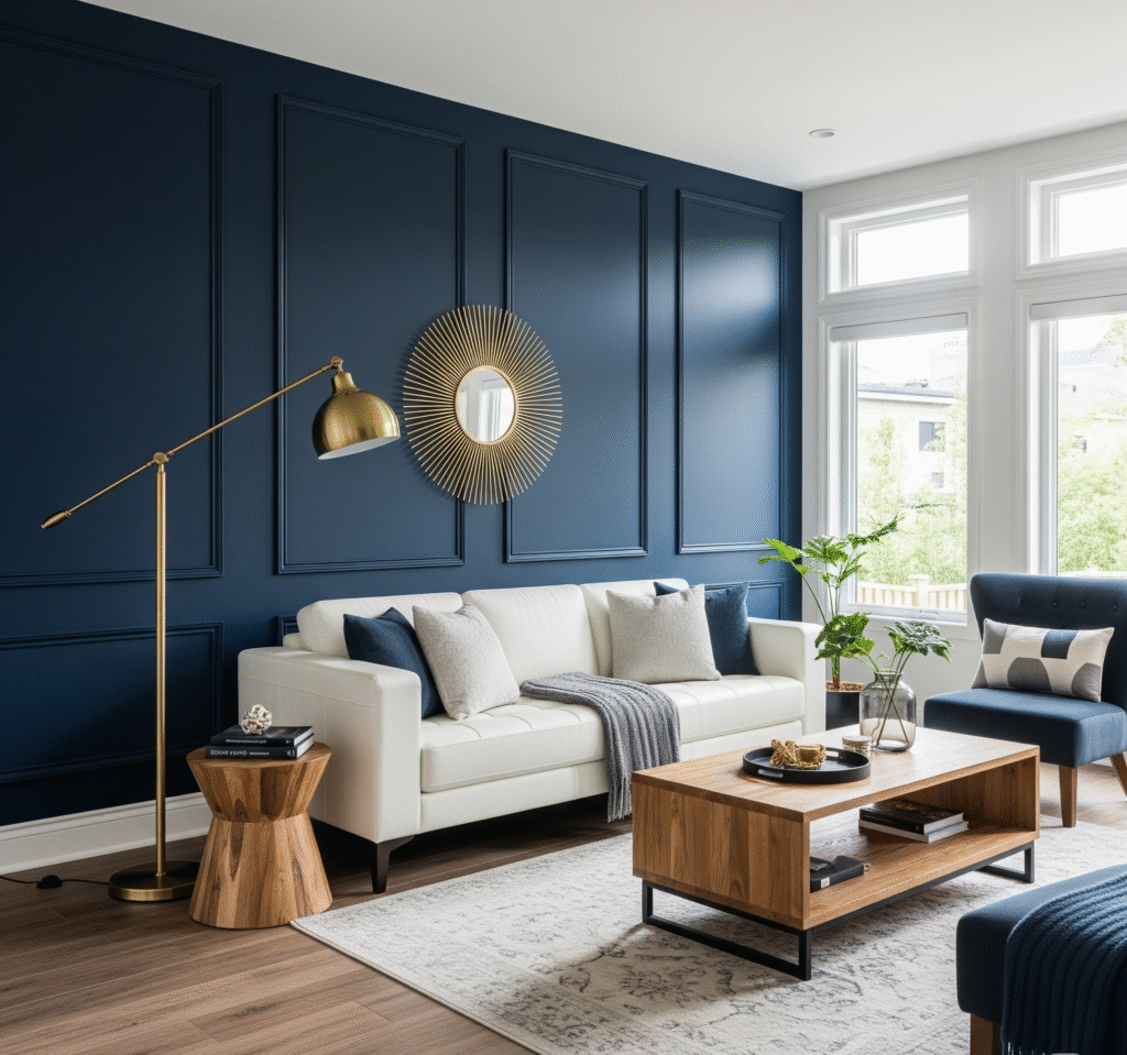 Sophisticated living room with a navy blue accent wall - Space Ideas World living area decor ideas