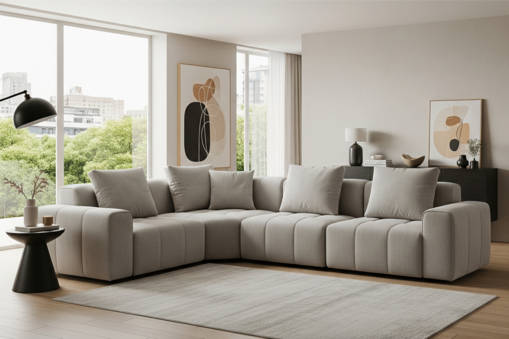 Modern living room featuring L-shaped modular seating - Space Ideas World living room decor ideas