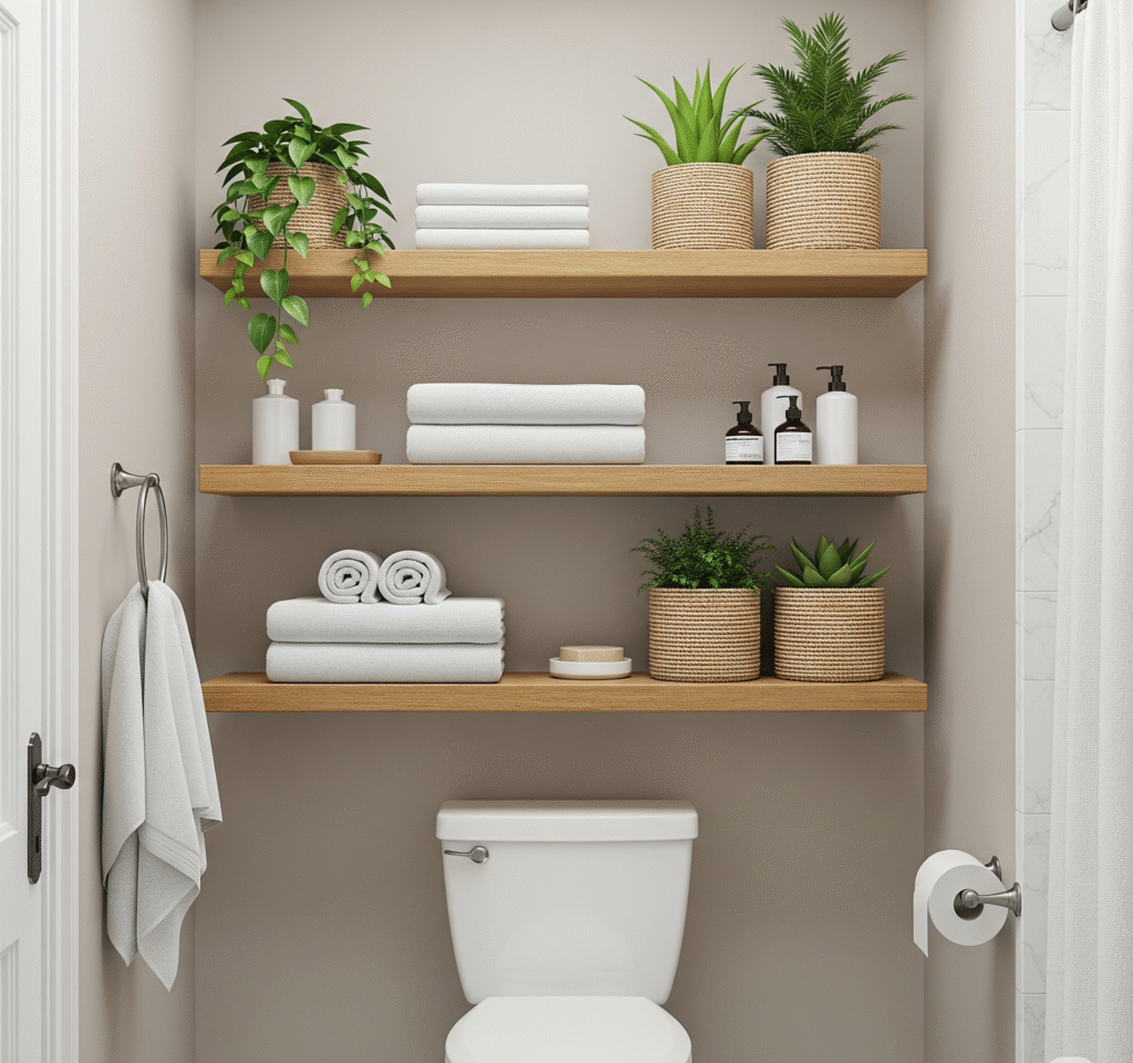 Three floating wooden shelves mounted above toilet - Space Ideas World small bathroom remodel