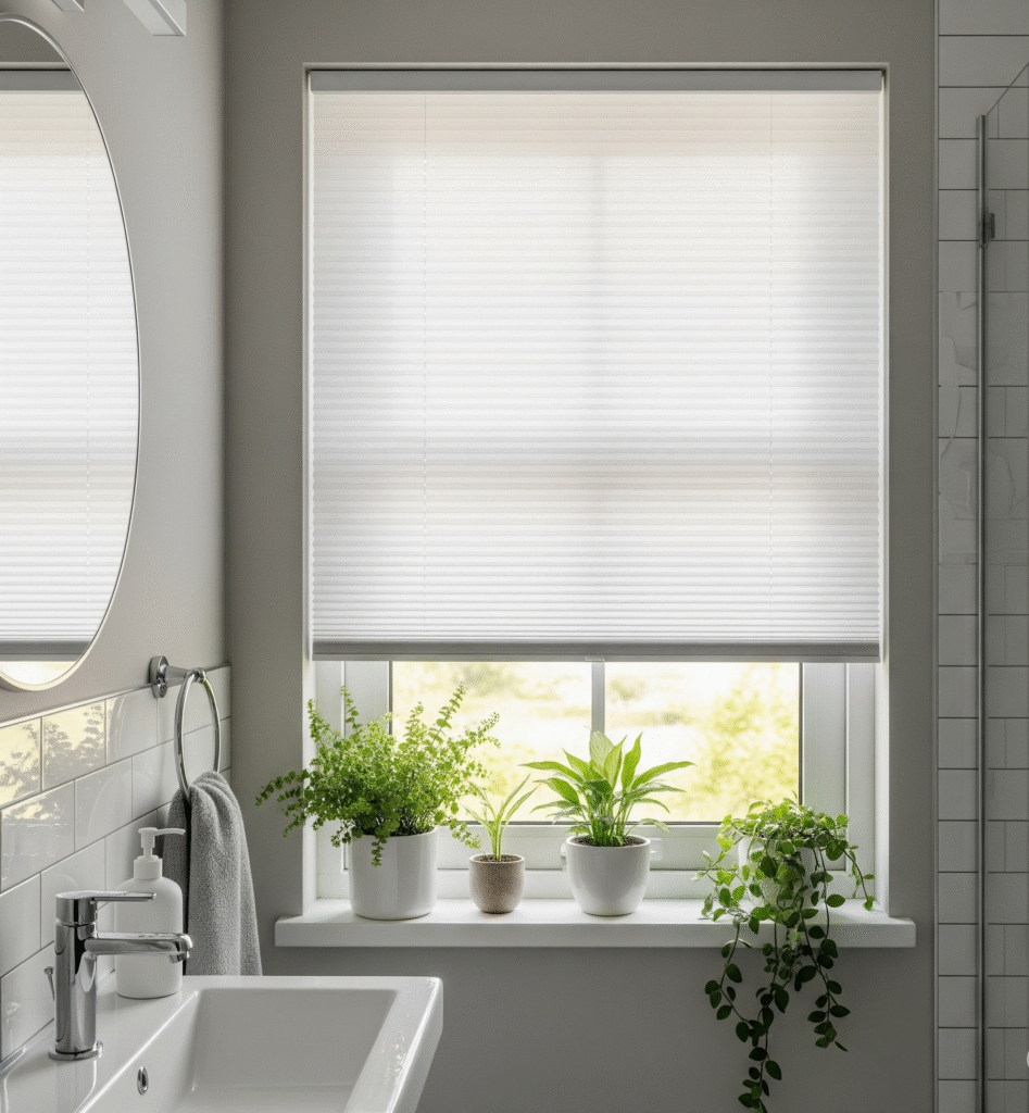 Honeycomb cellular shades in white filtering light - Space Ideas World small bathroom remodel