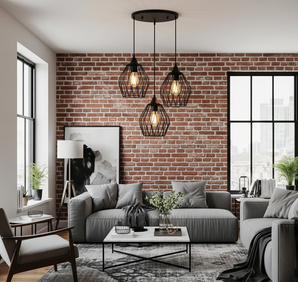 Modern living room with three black metal pendant lights - Space Ideas World living room decor ideas
