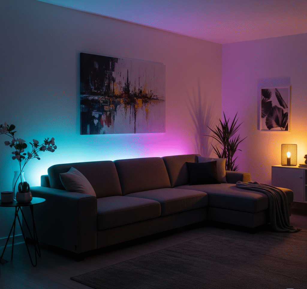 Living room with LED uplighting strips behind sectional sofa creating dramatic wall wash effect - Space Ideas World living room decor ideas