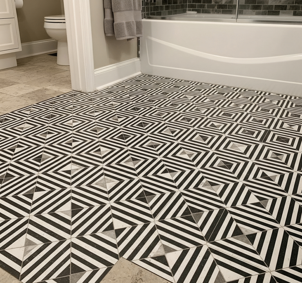 Intricate patterned peel-and-stick vinyl tiles installed over old bathroom floor tile, - Space Ideas World small bathroom remodel