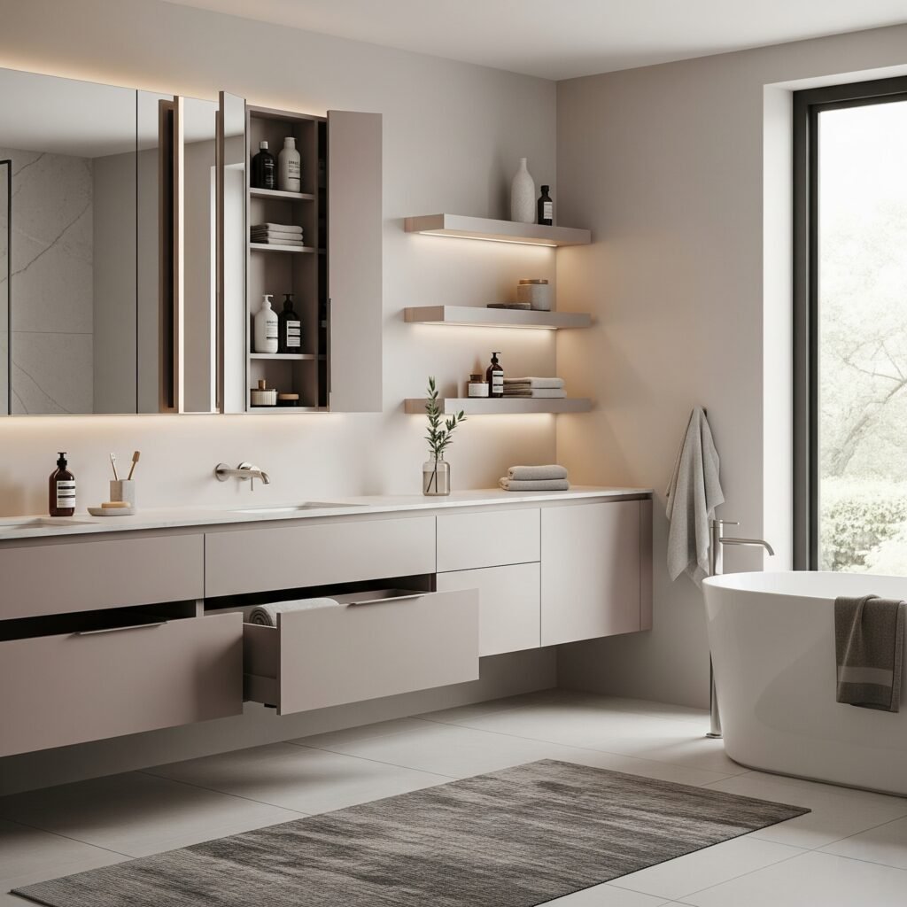 Built-in Storage Solutions - Space Ideas World Bathroom Themes Ideas