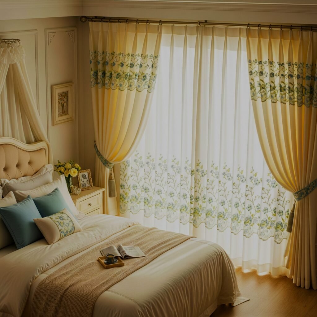 Embroidered Sheer Elegance - Space Ideas World Bedroom Drapery Ideas