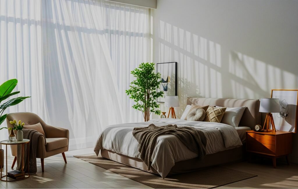 Flowing White Sheer Panels - Space Ideas World Bedroom Drapery Ideas