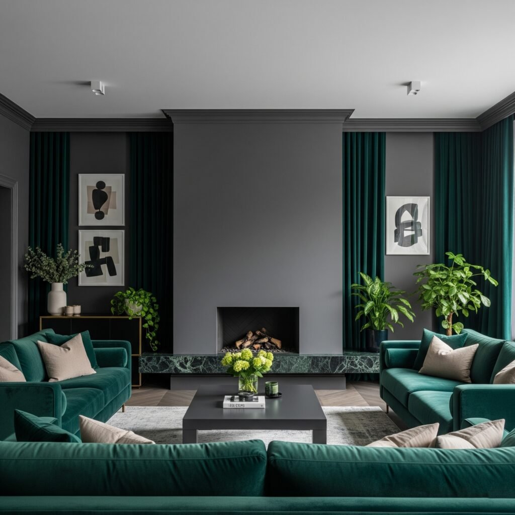 Charcoal and Emerald Contrast - Space Ideas World Living Room Color Schemes