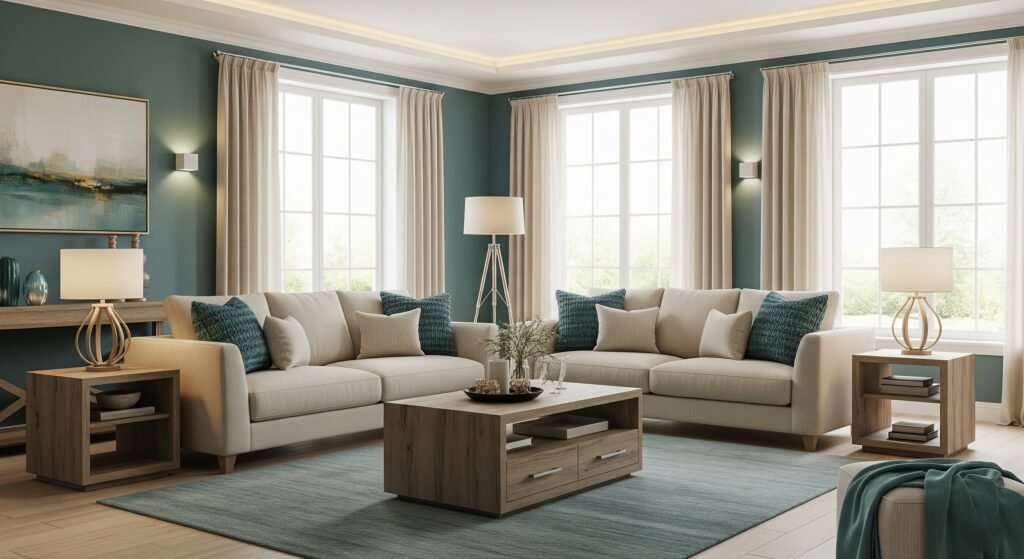Ocean Teal and Driftwood - Space Ideas World Living Room Color Schemes