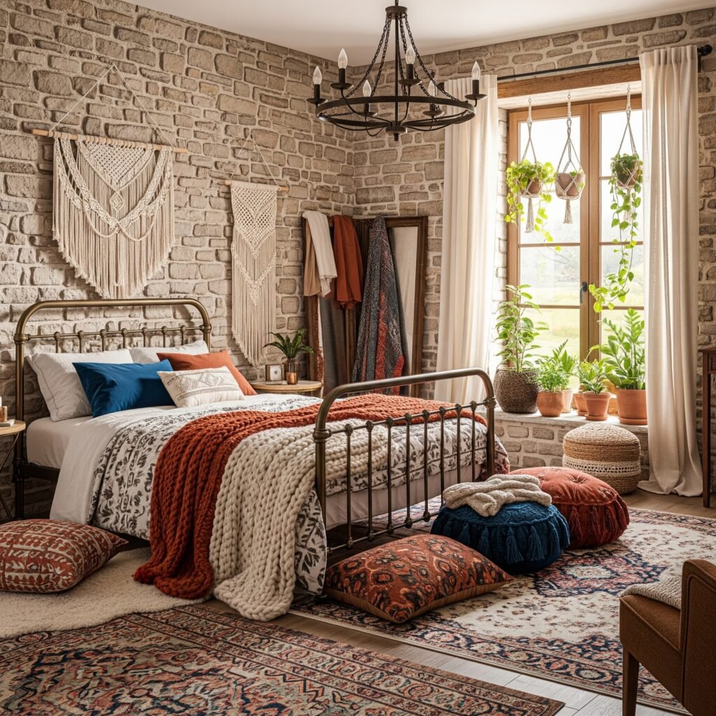 A boho bedroom incorporating natural stone and warm metal - Space Ideas World Boho Style Bedroom Ideas