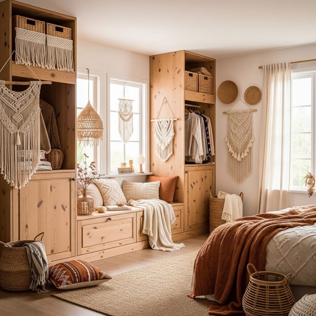 A Boho bedroom featuring built-in storage - Space Ideas World Boho Style Bedroom Ideas