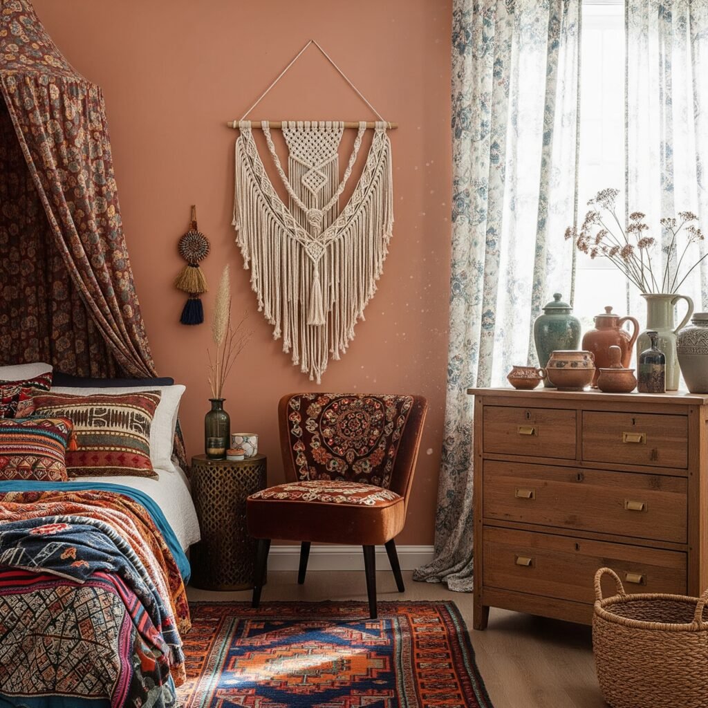 A boho bedroom featuring a mix of patterns - Space Ideas World Boho Style Bedroom Ideas