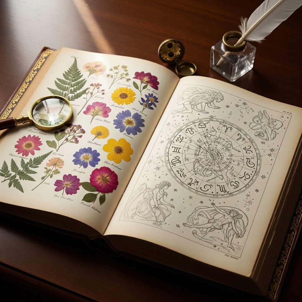 Vintage botanical book with zodiac symbols - Space Ideas World Horoscope Flower