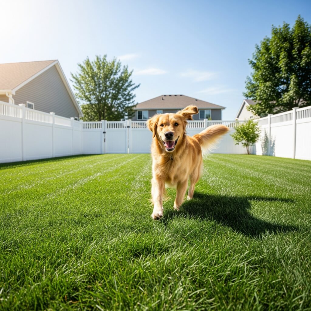 Happy dog romping around in a green, weed-free yard - Space Ideas World Pet Safe Herbicide