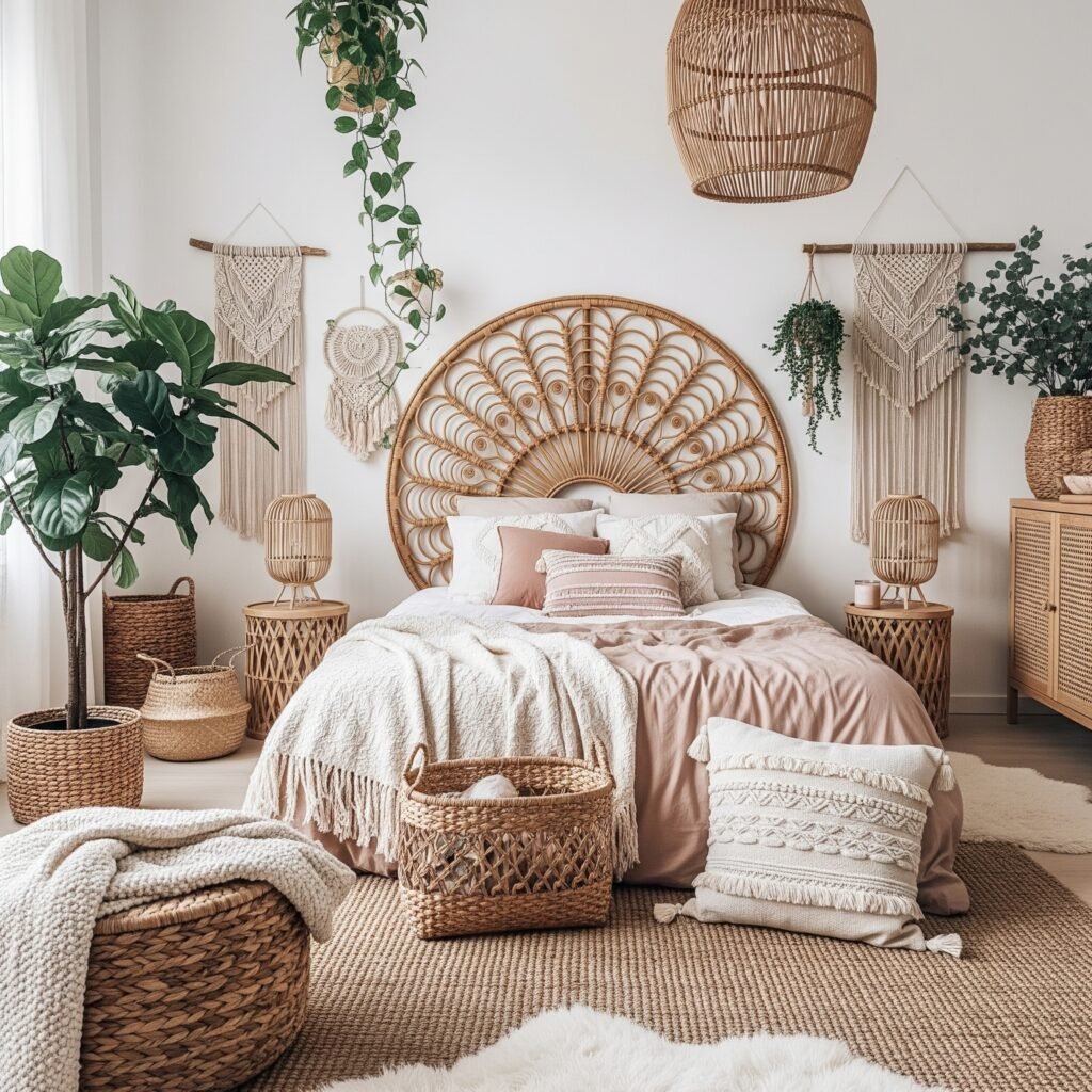 A boho bedroom featuring a large rattan headboard - Space Ideas World Boho Style Bedroom Ideas