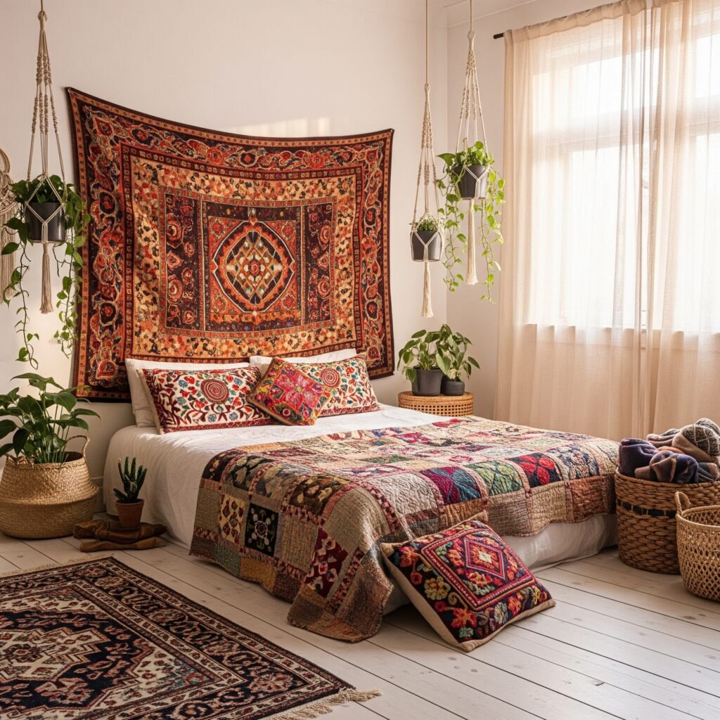 An eclectic Boho bedroom gallery wall - Space Ideas World Boho Style Bedroom Ideas