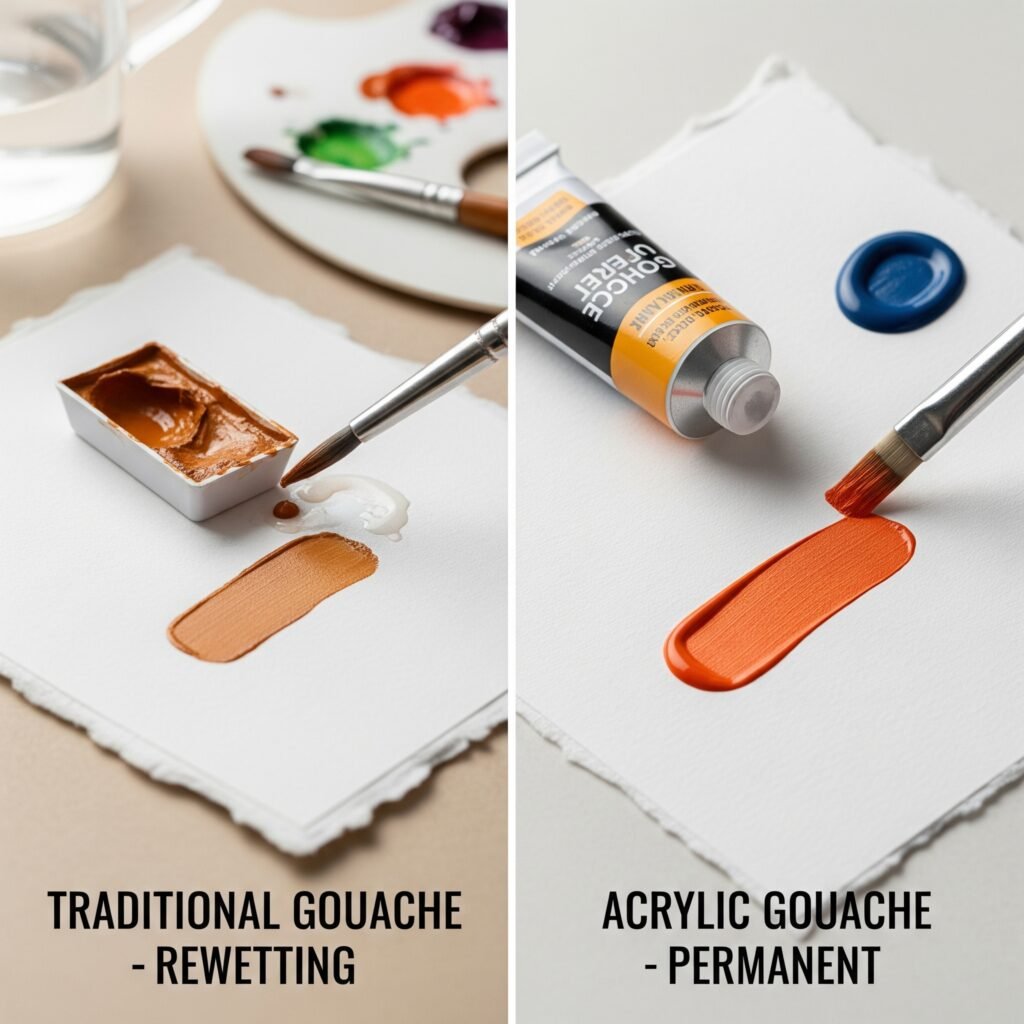 traditional gouache being rewetted with water versus dried acrylic gouache - Space Ideas World Gouache painting