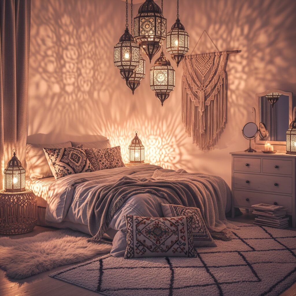 A boho bedroom featuring clustered Moroccan lanterns - Space Ideas World Boho Style Bedroom Ideas