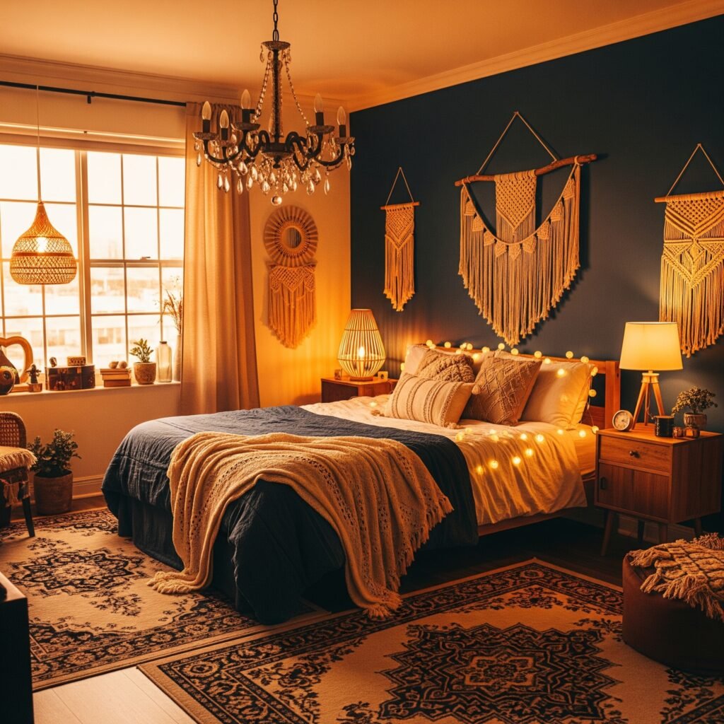 A boho bedroom with layers of light sources - Space Ideas World Boho Style Bedroom Ideas