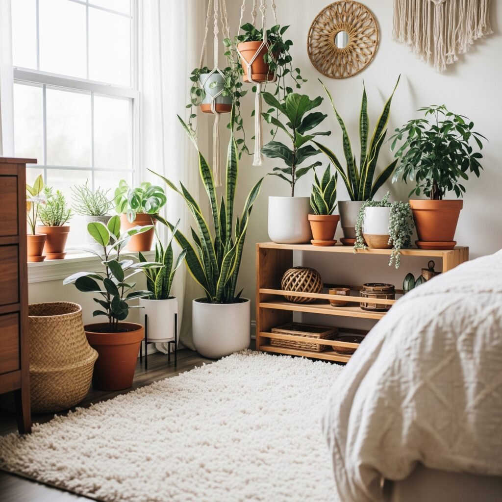 boho bedroom with a collection of arranged plants - Space Ideas World Boho Style Bedroom Ideas