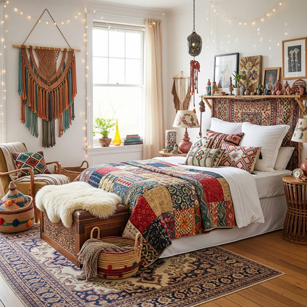 A boho bedroom featuring a mix of patterns - Space Ideas World Boho Style Bedroom Ideas
