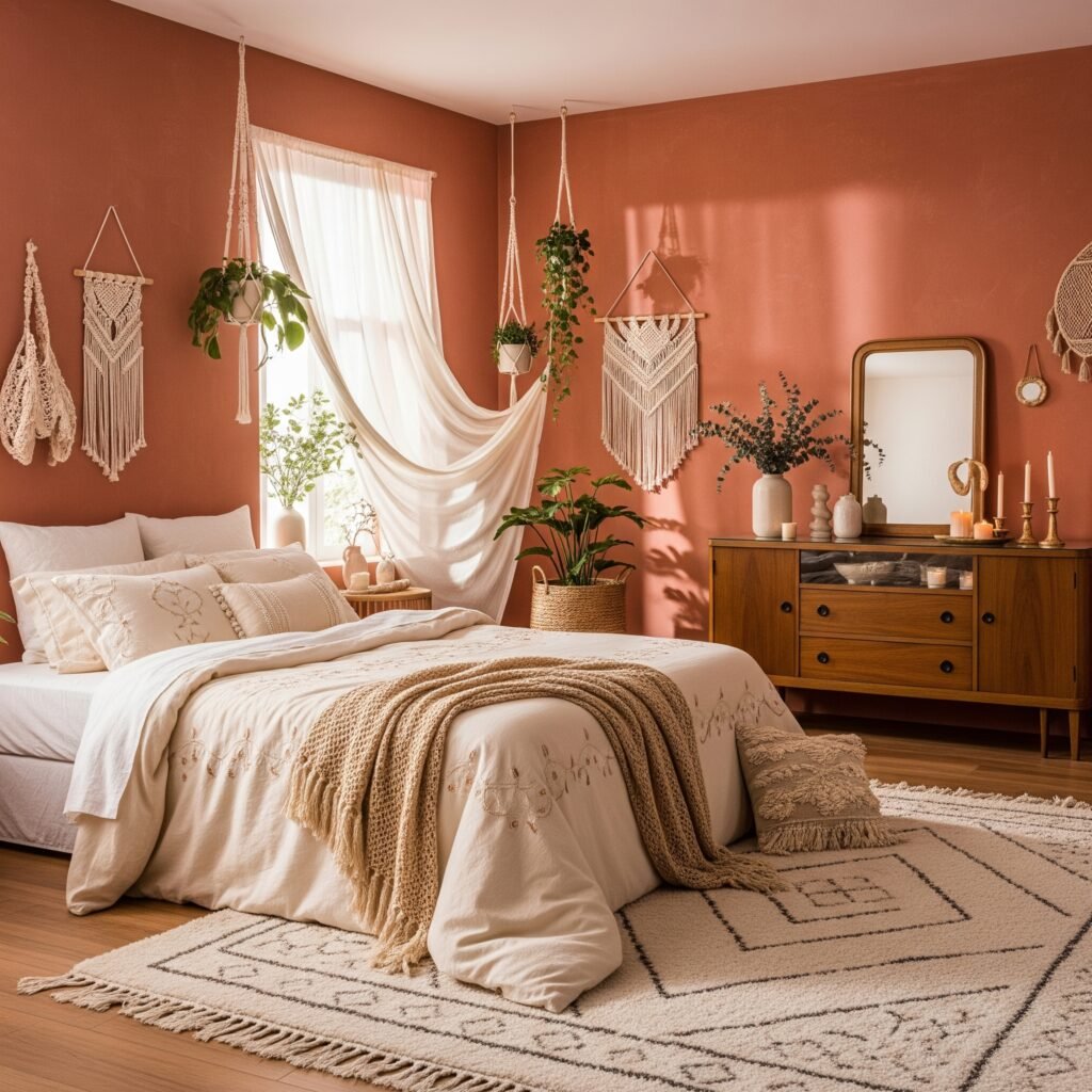 A boho bedroom with terracotta walls - Space Ideas World Boho Style Bedroom Ideas