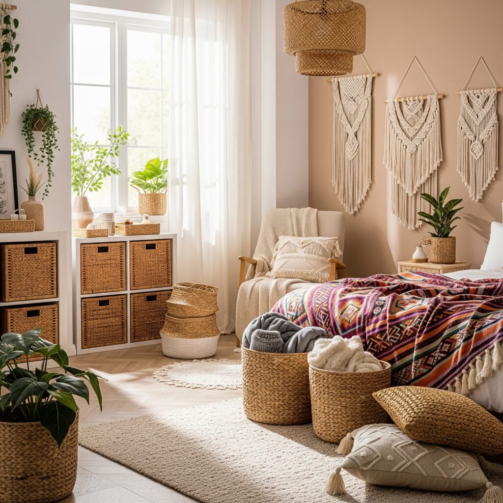 A Boho bedroom featuring a variety of woven baskets - Space Ideas World Boho Style Bedroom Ideas