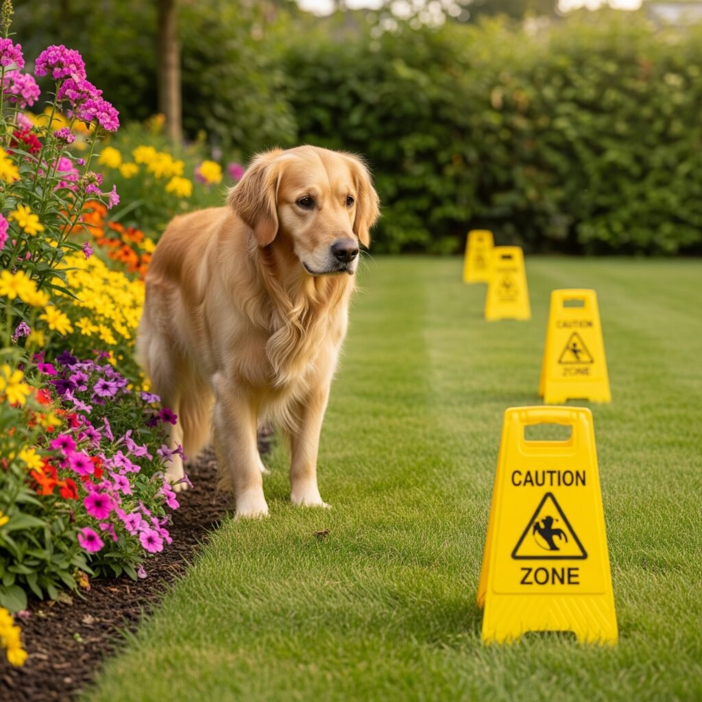Dog avoiding freshly treated lawn - Space Ideas World Pet Safe Herbicide