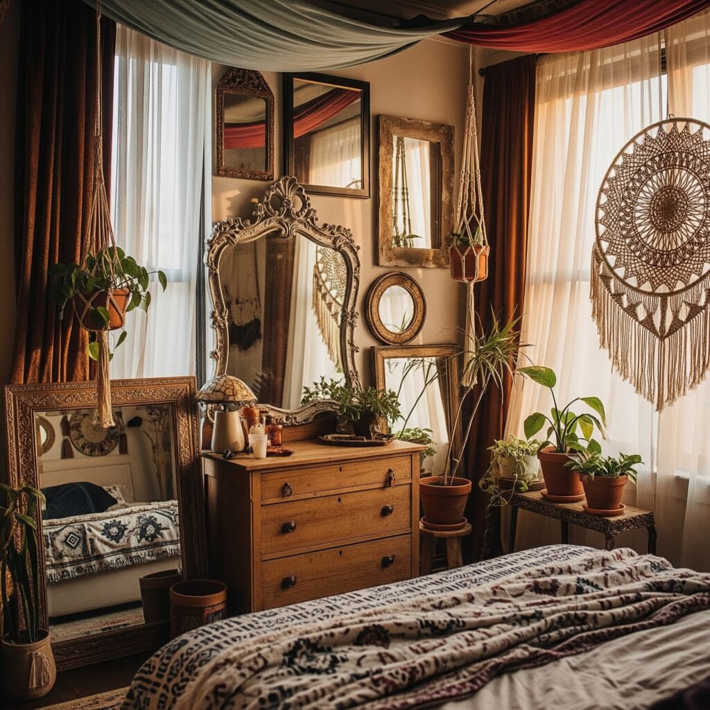 A bohemian style bedroom featuring vintage mirrors - Space Ideas World Boho Style Bedroom Ideas