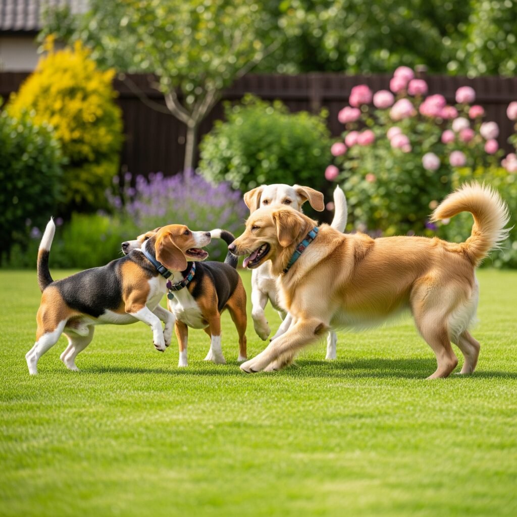 Dogs playing happily in a weed-free treated yard - Space Ideas World Pet Safe Herbicides