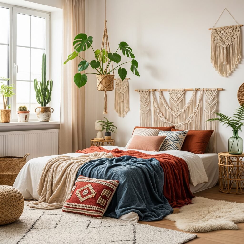 A boho bedroom with a variety of plants - Space Ideas World Boho Style Bedroom Ideas
