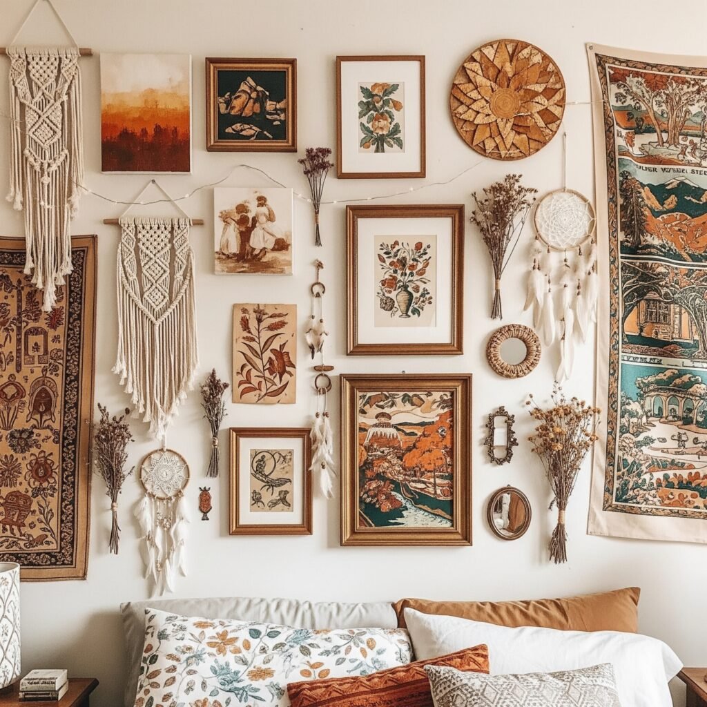 An eclectic Boho bedroom gallery wall - Space Ideas World Boho Style Bedroom Ideas