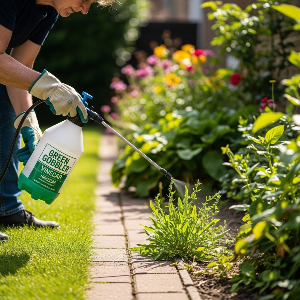 Person sprays Green Gobbler vinegar herbicide on weeds - Space Ideas World Pet Safe Herbicide
