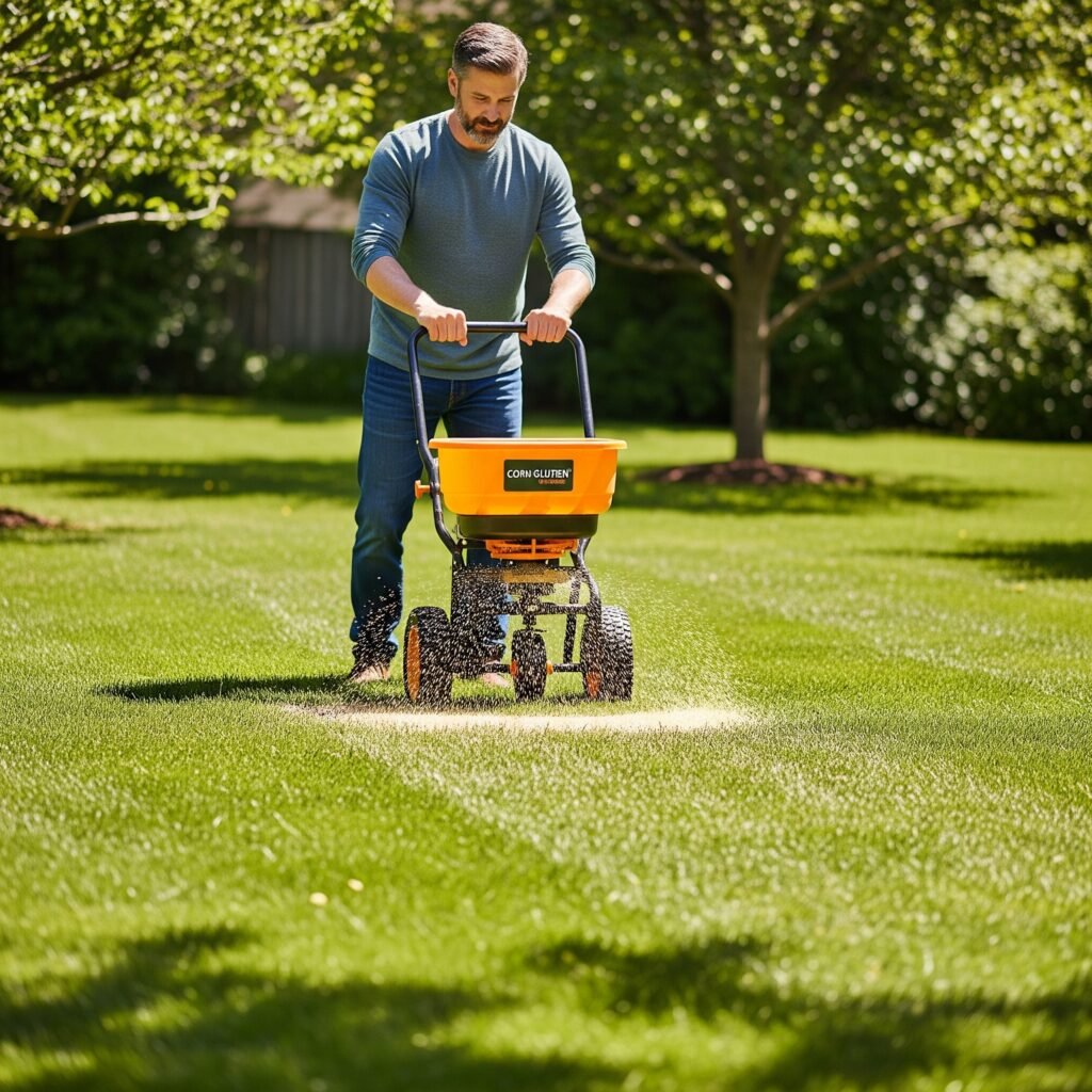 Home owner spreading corn gluten meal - Space Ideas World Pet Safe Herbicide