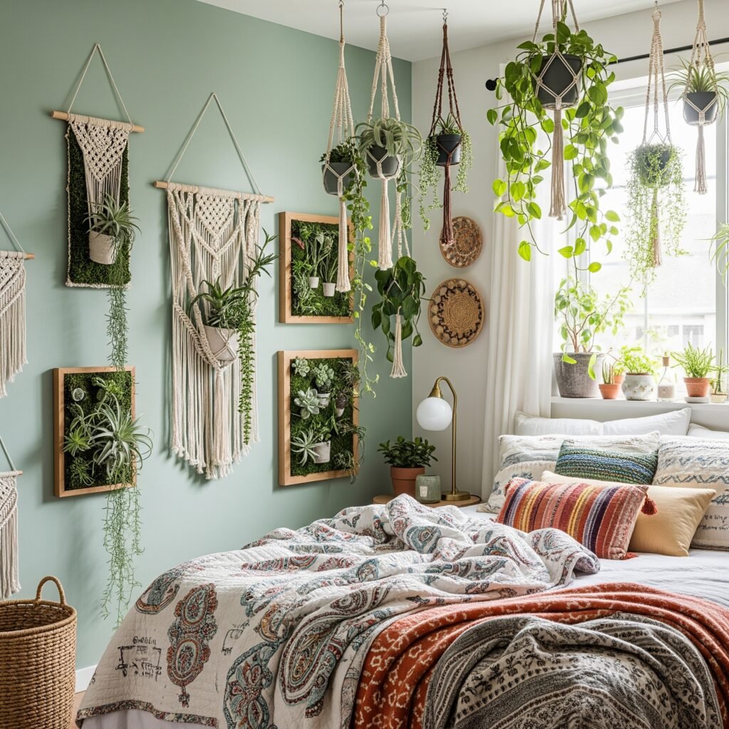 A boho bedroom featuring many hanging plants - Space Ideas World Boho Style Bedroom Ideas