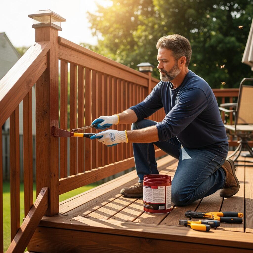 A homeowner staining deck railing - Space Ideas World Carpenter bees