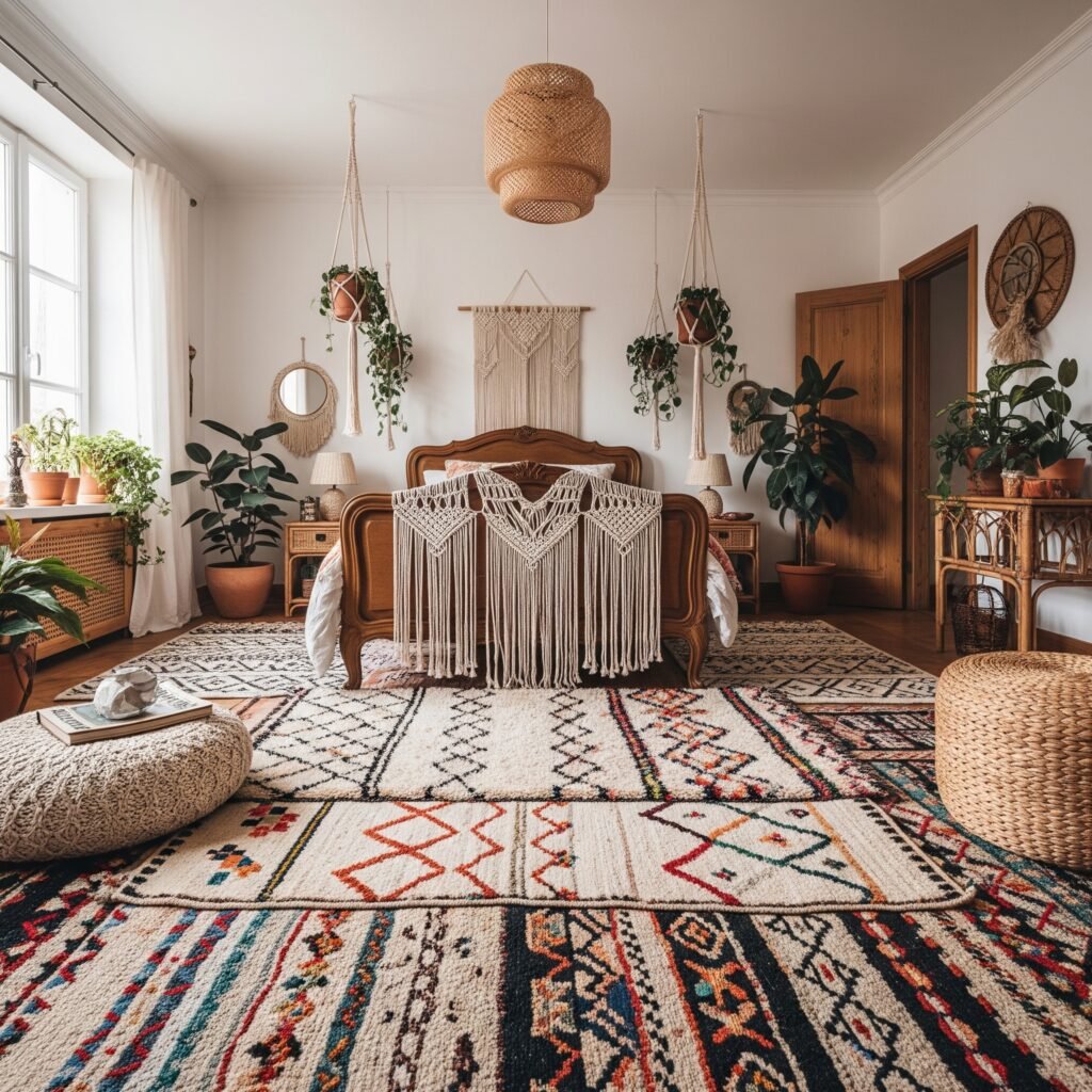 A boho bedroom example using a layered Moroccan rug - Space Ideas World Boho Style Bedroom Ideas
