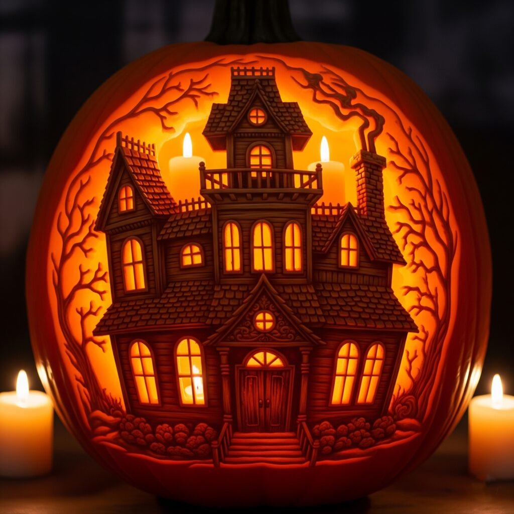 Haunted House Scene - Space Ideas World Carving Halloween Pumpkin Ideas