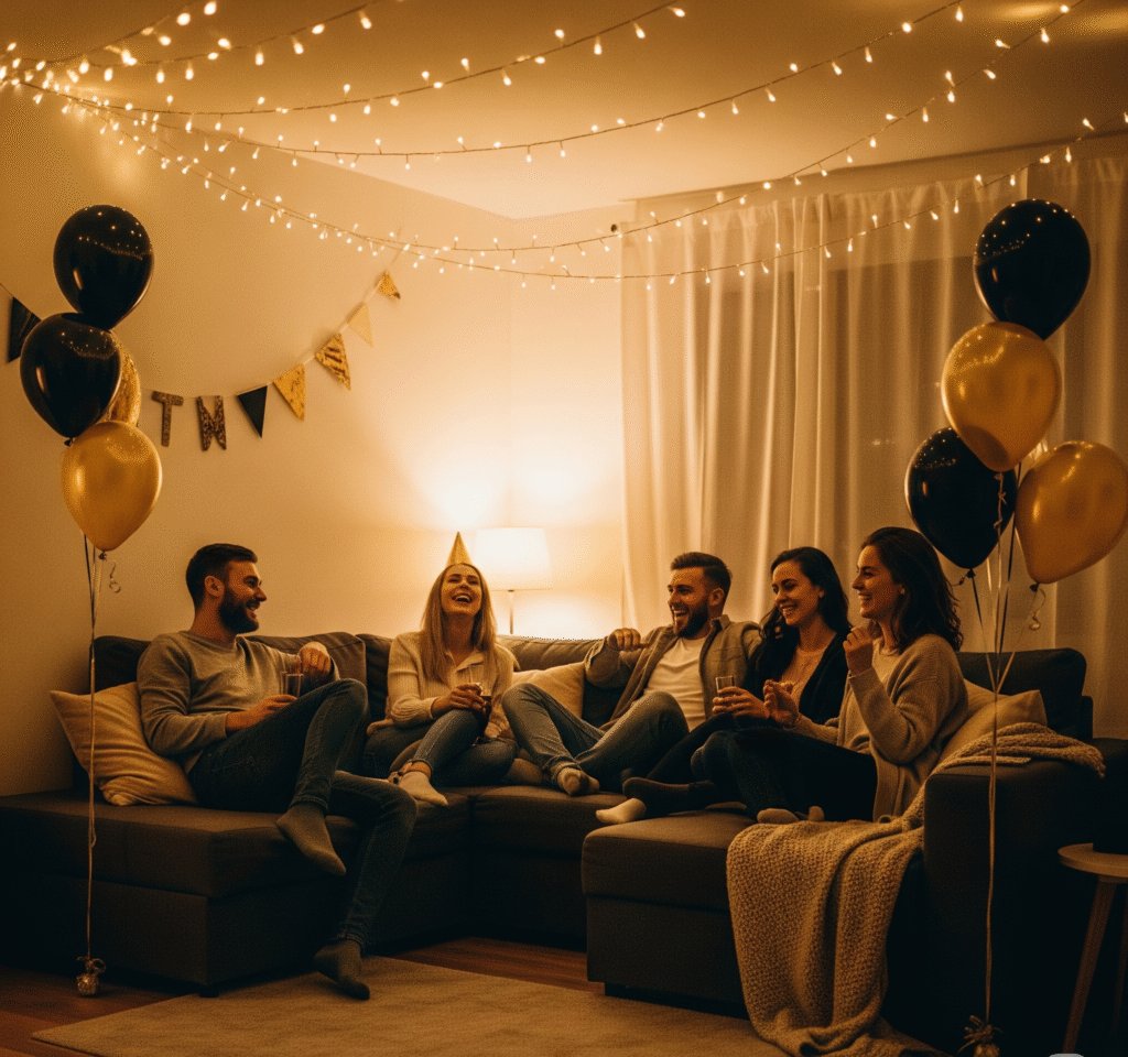 A warm inviting living room transformed for New Years Eve - Space Ideas World new year's eve party ideas