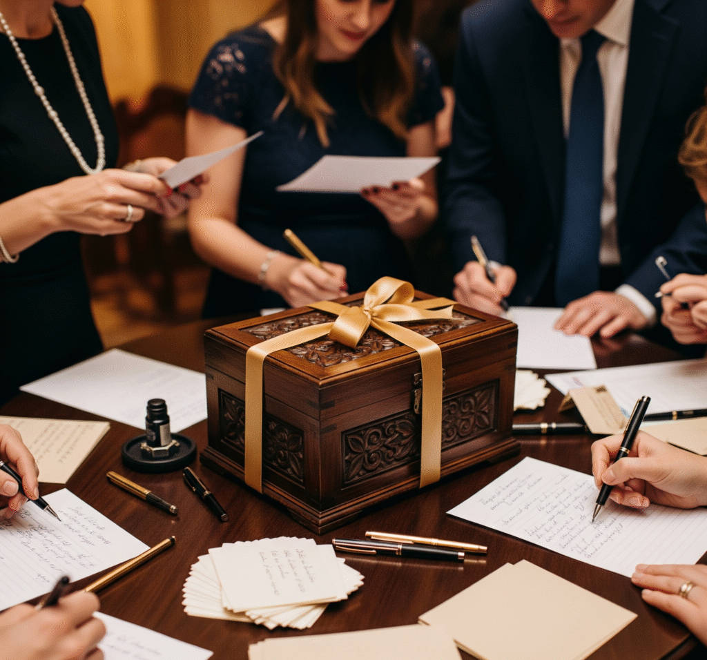 An elegant wooden box decorated with gold ribbon - Space Ideas World new year's eve party ideas