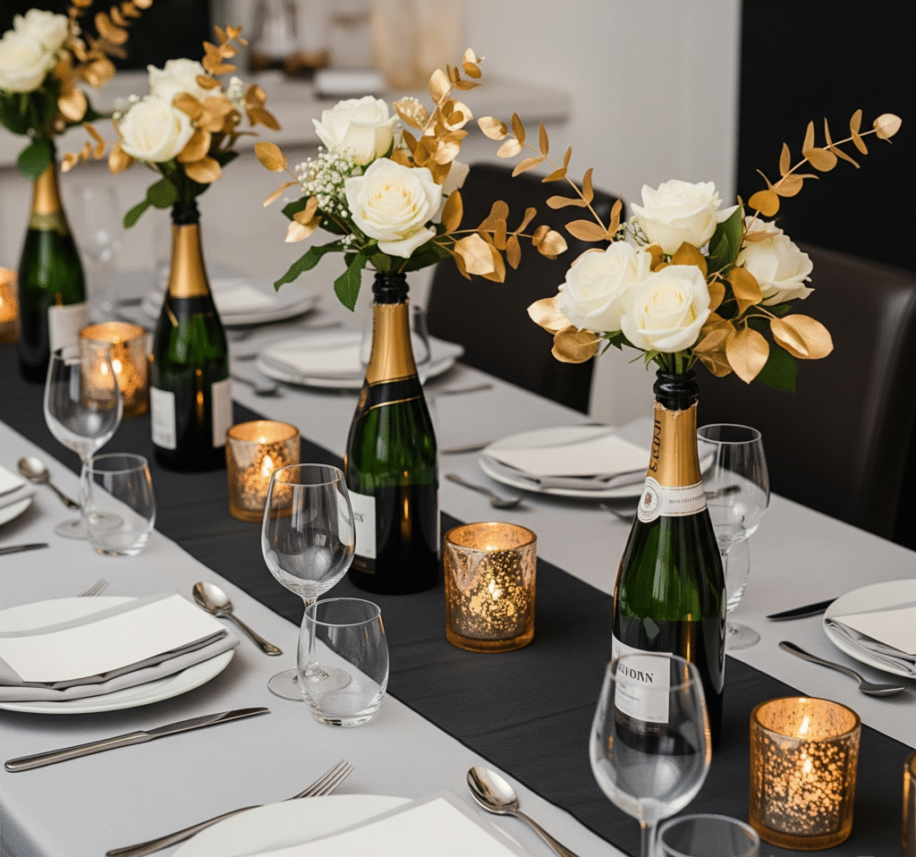 A dining table featuring repurposed champagne bottles - Space Ideas World new year's eve party ideas