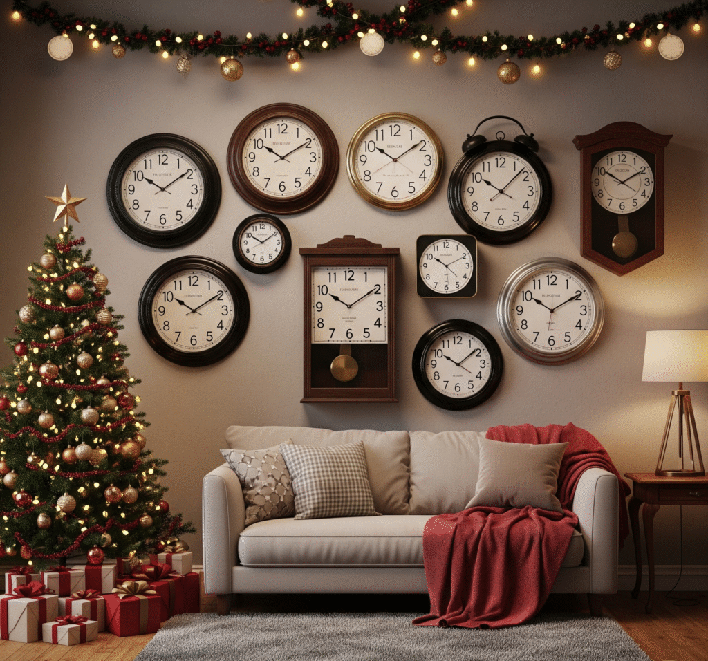 A wall display featuring various vintage and modern clocks arranged artistically - Space Ideas World new year's eve party ideas