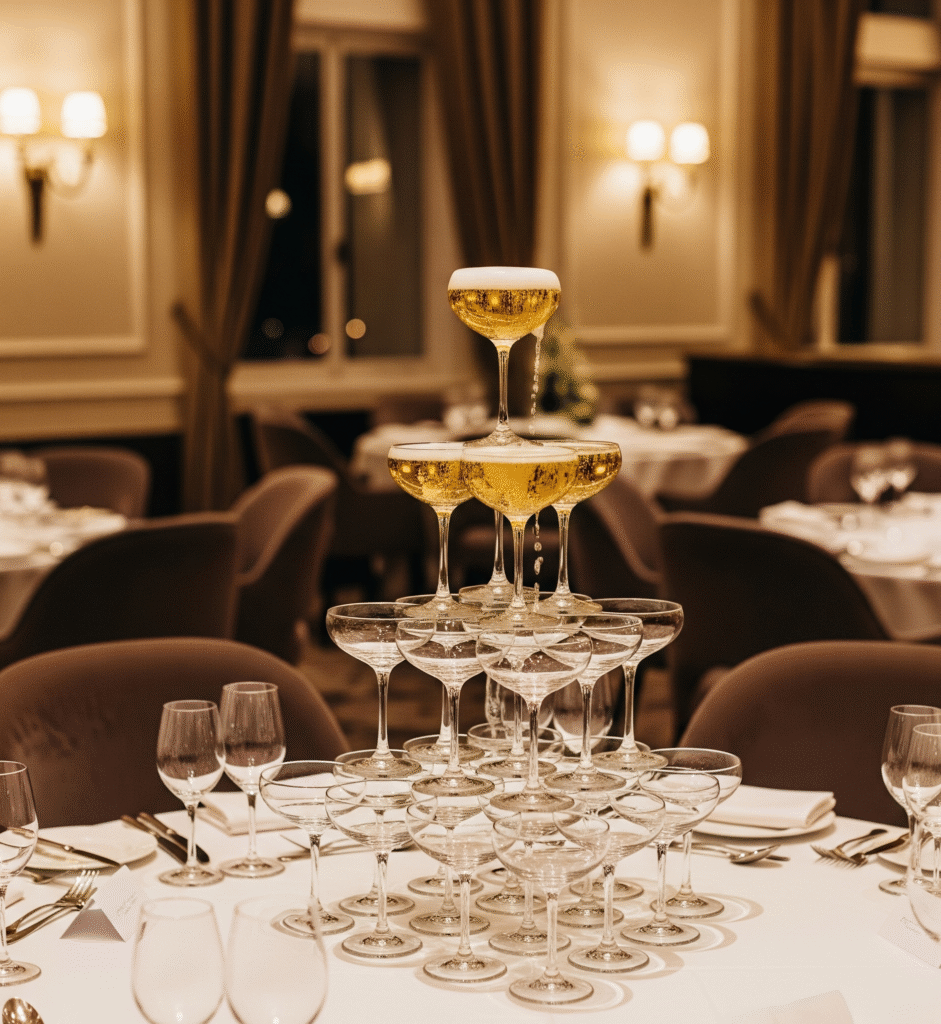 A magnificent champagne tower with four tiers of glasses sparkling under warm lights with bubbles cascading down each level in an elegant dining room setting - Space Ideas World new year's eve party ideas