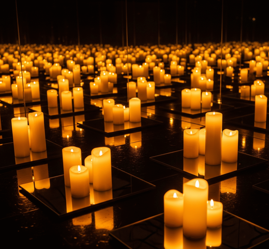 Multiple groups of varying-height candles arranged on mirror tiles throughout a room - Space Ideas World new year's eve party ideas