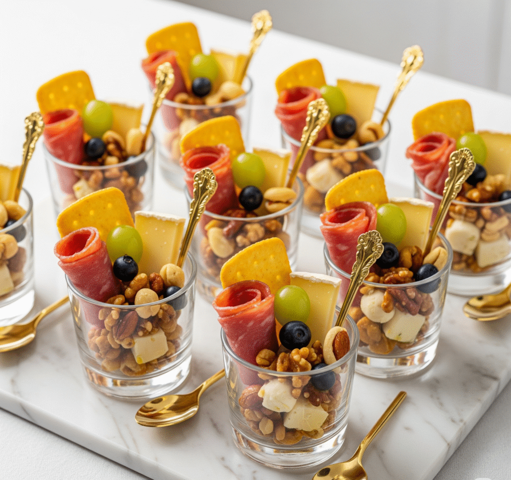 Elegant glass cups filled with carefully arranged meats cheeses crackers grapes and nuts displayed - Space Ideas World new year's eve party ideas